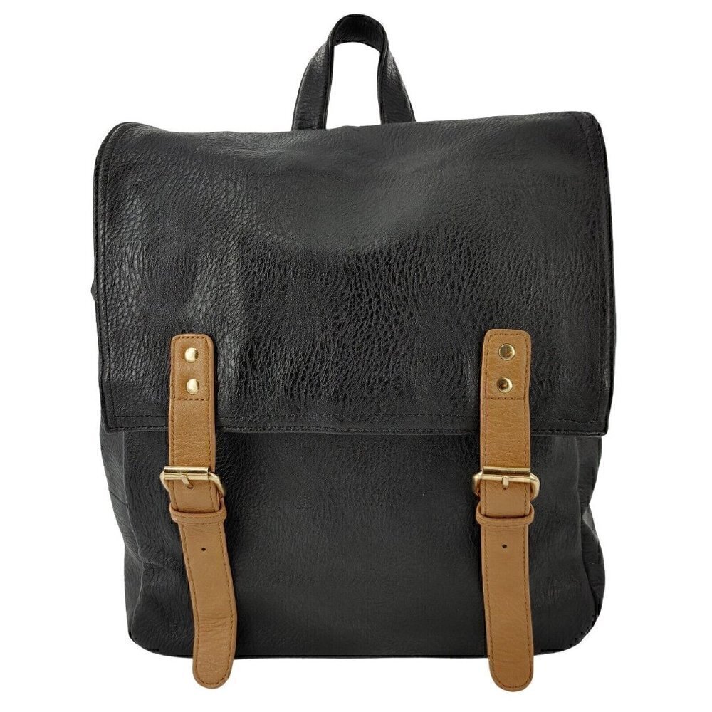 MADISON WEST Black & Tan Faux Leather BackPack Buckle Front Adjustable Straps